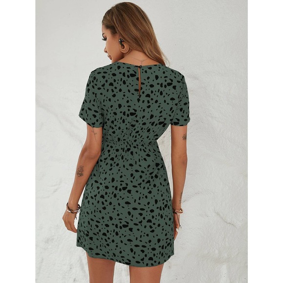 Leopard Print dot Tie Front Dress dark green black - Picture 2 of 11